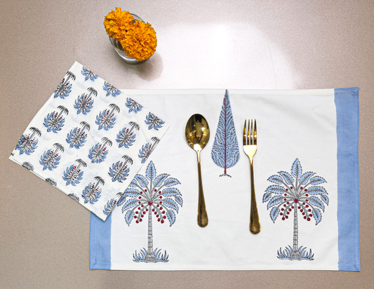 BLUE PALM HANDBLOCKED COTTON CANVAS TABLE MATS AND NAPKINS